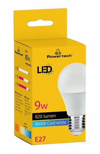 POWERTECH LED λάμπα E27-020, 9W, 4000K, E27, 820lm