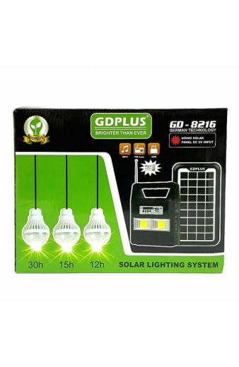 Ηλιακό Πακέτο Φωτισμού Με Πάνελ, Φορτιστή Και 3 Λάμπες Με Ραδιόφωνο FM/ MP3 GDPLUS GD-8216